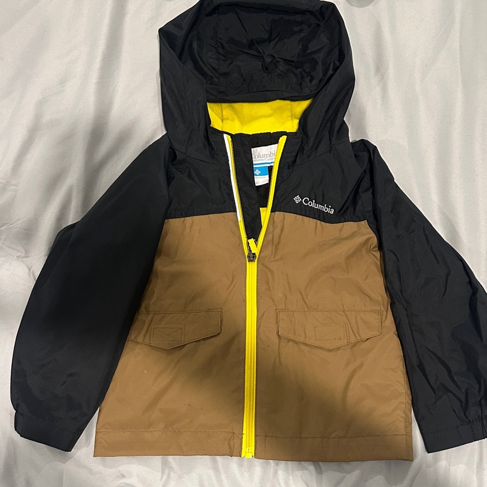 Columbia Kids Black & Brown Hooded Rain Jacket with Yellow Accents